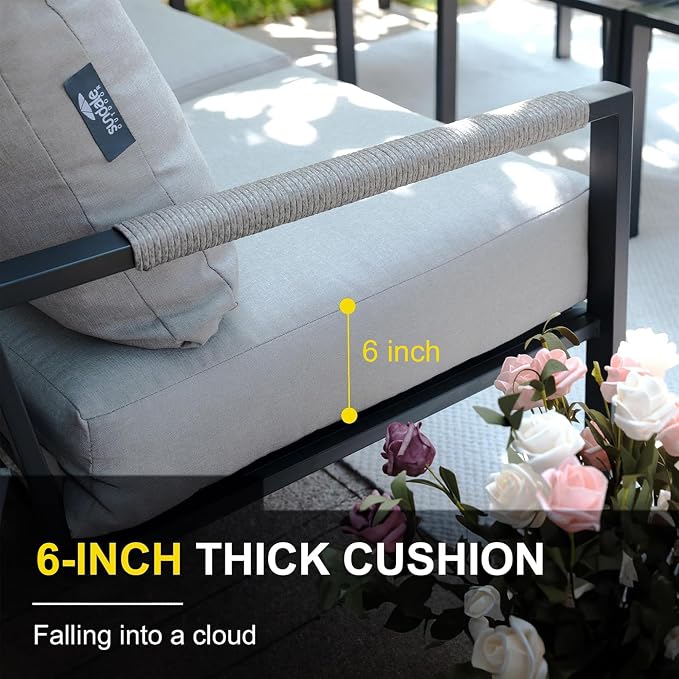 Metal Patio Furniture Set with 51inch Champagne Fire Pit Table, 6-Piece Modern Outdoor Conversation Set with 6-Inch Thick Cushions, Outdoor Furniture Set for Garden, Backyard, Balcony (Warm Grey)