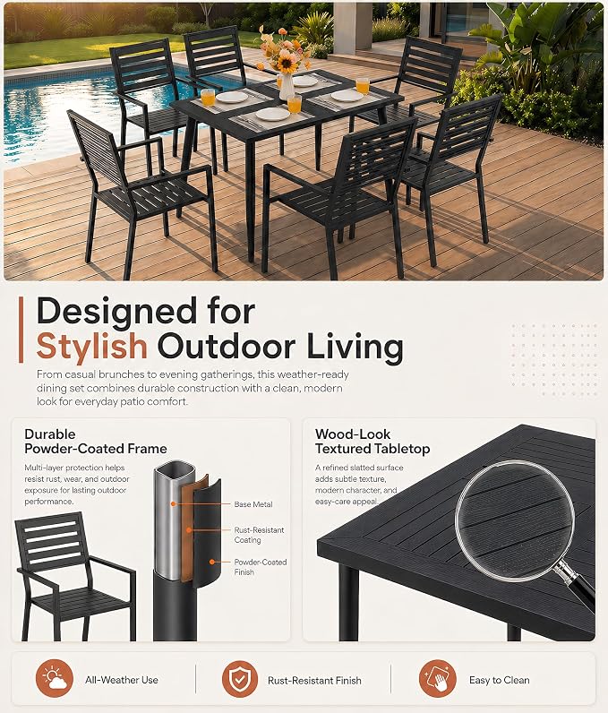 5 Piece Outdoor Dining Set All Weather Patio Dining Set with HDPE Wood-Like Tabletop, Rustproof Metal Outdoor Table and Chairs with 4 Stackable Chairs for Garden Backyard, Black