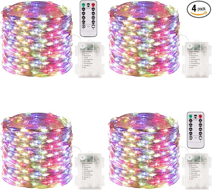 4 Pack Fairy Lights Battery Operated with Remote 33FT 100 LED Multicolor | Remote Control, 8 Modes, Timer, Adjustable brightness, Waterproof Lights for Indoor Outdoor Classroom Christmas Decor