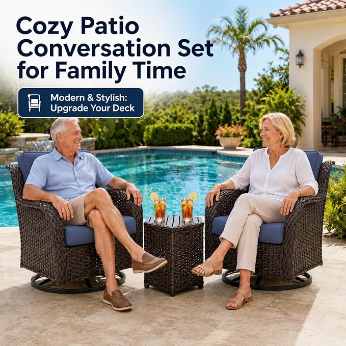 HUMMUH Outdoor Swivel Rocker Wicker Patio Chairs High Back PE Rattan Glider Chairs 4PCS Patio Furniture Set(Brown,Blue)