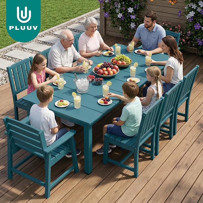 PLUUV 9-Piece Outdoor Patio Dining Set – HDPE Dining Table with Aluminum Legs and Umbrella Hole, 8 Chairs & 1 Table, All-Weather Patio Furniture Set for Garden Deck Backyard, Navy Blue