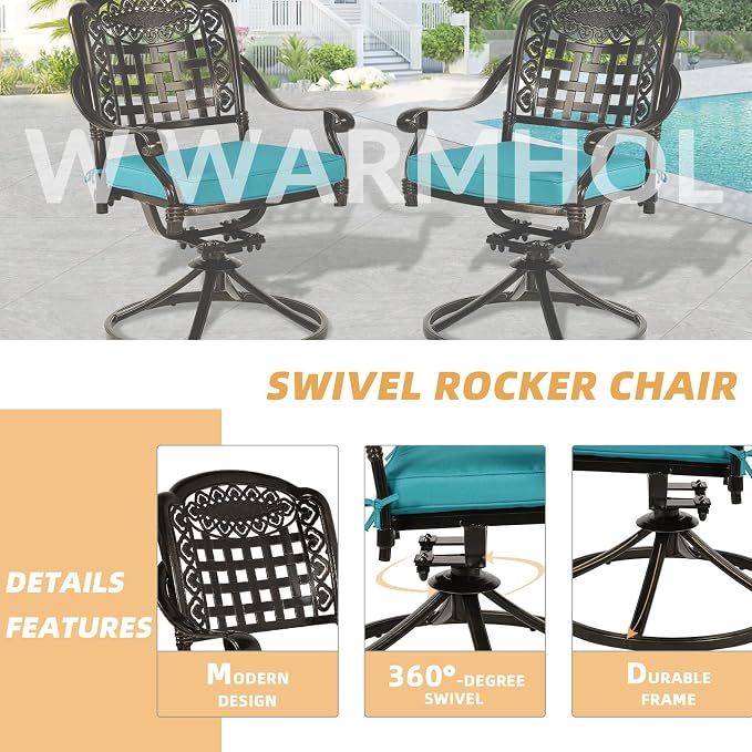 9-Piece Patio Dining Set, Outdoor Patio Table and Chair Set of 84” Oval Cast Aluminum Dining Table with Umbrella Hole, 6 Stationary, 2 Swivel Rocker Chairs, Patio Funiture Set, Blue