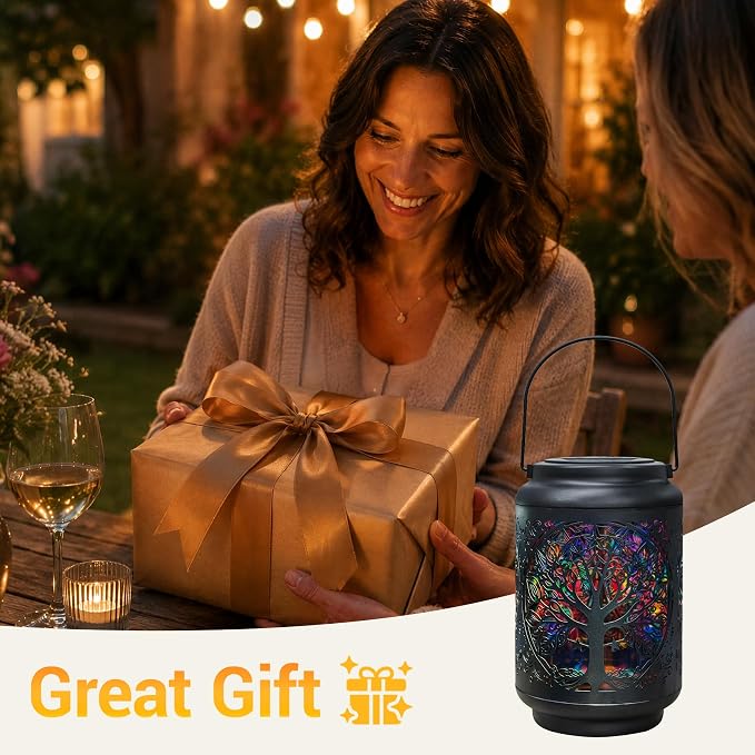 Tree of Life Solar Lantern Outdoor, Decorative Metal Solar Hanging Light with Colorful Light Pattern, Waterproof Garden Lantern for Patio, Yard, Porch, Balcony, Gifts for Women Mom Grandma