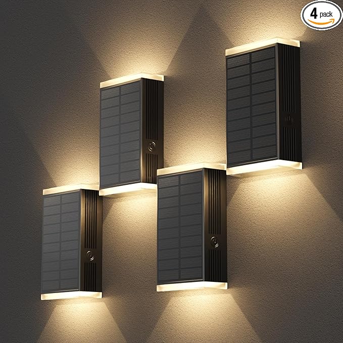 Solar Wall Light Outdoor,3000/4000/6000K 3 Modes Dusk to Dawn Lighting Wall Sconce IP67 Waterproof Up and Down Solar Lights Outdoor for House, Garage, Porch,Doorway (4 Pack)