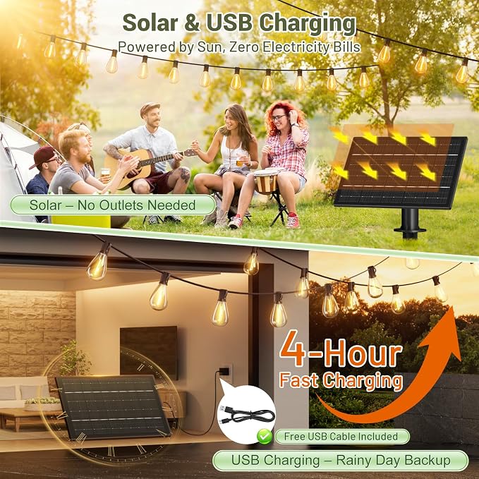 100FT Solar Outdoor String Lights with 36+2 Edison Shatterproof Waterproof Bulbs, 2200K Commercial Grade Patio Lights, Heavy Duty Outside Hanging for Garden Porch Deck Decor