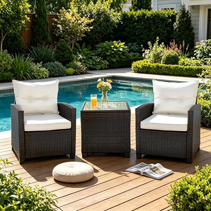 SHGJ&SOFT 3 Pieces Patio Furniture Set, Outdoor Conversation Set with Cushions, PE Rattan Wicker Bistro Set and Tempered Glass Tabletop, Outdoor Rattan Sofa for Poolside,Porch,Balcony (White)