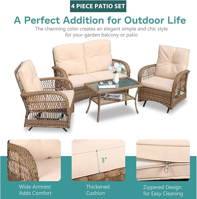 MEETWARM 4 Pieces Outdoor Wicker Patio Conversation Sets with Glider Loveseat, 2 Chairs with Glass-Top Coffee Table Rocking Glider Set, Wicker Conversation Set with Thickened Cushions