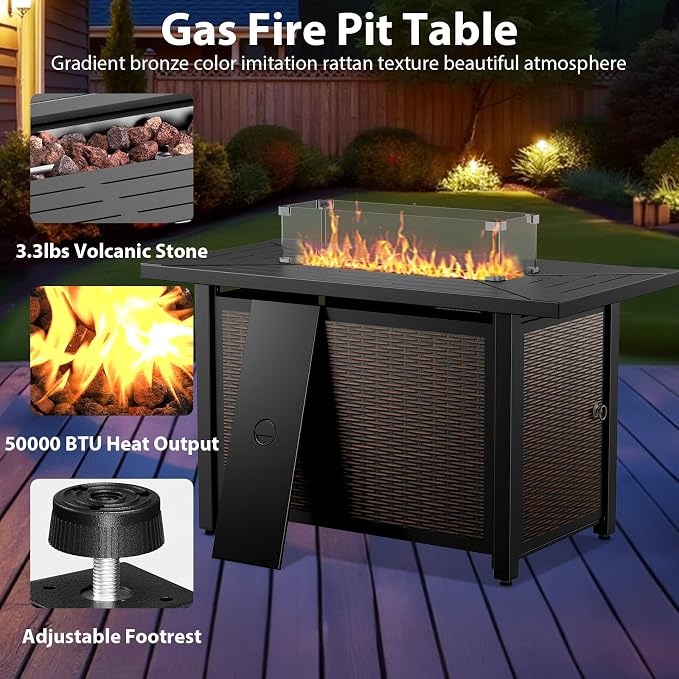 5 Piece Patio Furniture Set with Fire Pit Table - Wicker Patio Conversation Set with Swivel Glider, 3-Seat Sofa, Tempered Glass Side Table for Deck Backyard - Grey Wicker Red Cushion