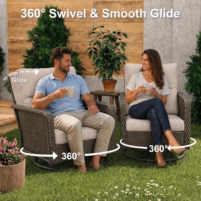 XIAO WEI 8-Piece Outdoor Furniture Set with Fire Pit Table, Wicker Patio Conversation Set with Cushions & Swivel Glide Chairs, All-Weather Patio Furniture Set for Backyard, Garden, Deck (Beige)