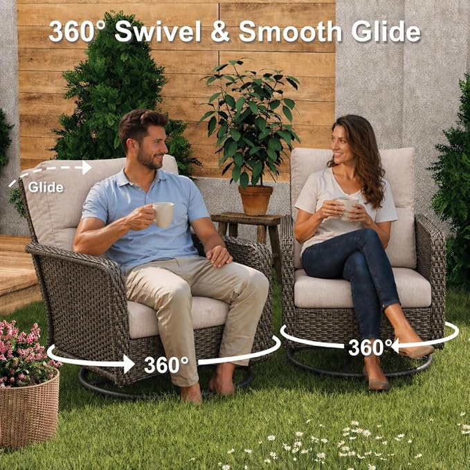XIAO WEI 6-Piece Outdoor Furniture Set with Fire Pit Table, Wicker Patio Conversation Set with Cushions & Swivel Glide Chairs, All-Weather Patio Furniture Set for Backyard, Garden, Deck (Beige)