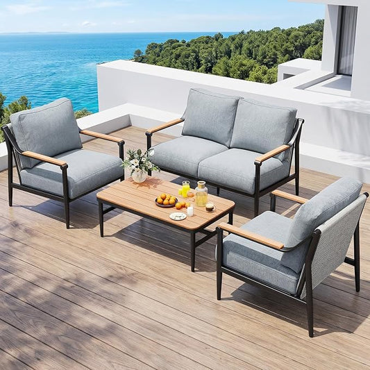 Jocoevol 4 Pieces Outdoor Sofa Conversation Set, 4 Seats Couch Set with Table, Metal Frame Rope Weaving Design UV Resistance Waterproof for Patio Garden Balcony, Grey