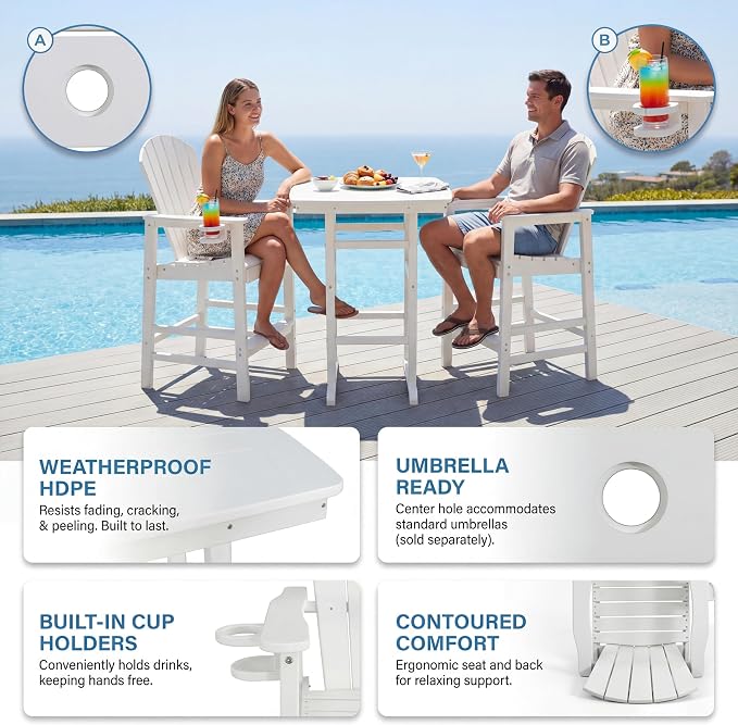 WILLIAMSPACE Height Patio Bar Table Set of 3, Outdoor Square Bar Table with Umbrella Hole, 2 Bar Stools with Cup Holders, 3-Piece All-Weather Outdoor Bistro Set for Kitchen Outside (White)