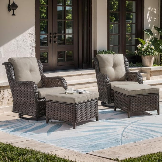 Outdoor Swivel Chairs-Patio Swivel Glider Chairs with Ottomans Outdoor Conversation Set for Deck Balcony Poolside Backyard-Brown/Grey