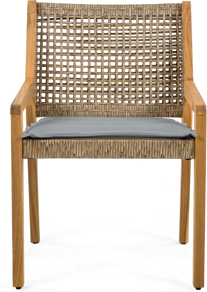 Christopher Knight Home Pelham Wooden Patio Dining Set for 4, Acacia Wood Outdoor Dining Table Set for 4, 5 Piece Outdoor Dining Set with Round Table and Armchair with Seat Cushion, Teak+Grey