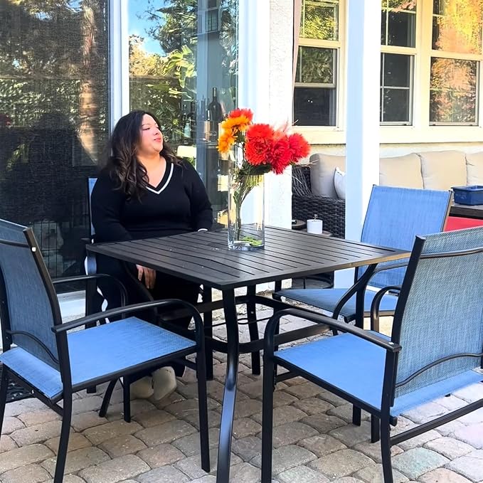 HERA'S HOUSE 37" Square Outdoor Dining Table for 4, 4-Person Metal Steel Slat Patio Table with Umbrella Hole for Lawn Garden Backyard, Black