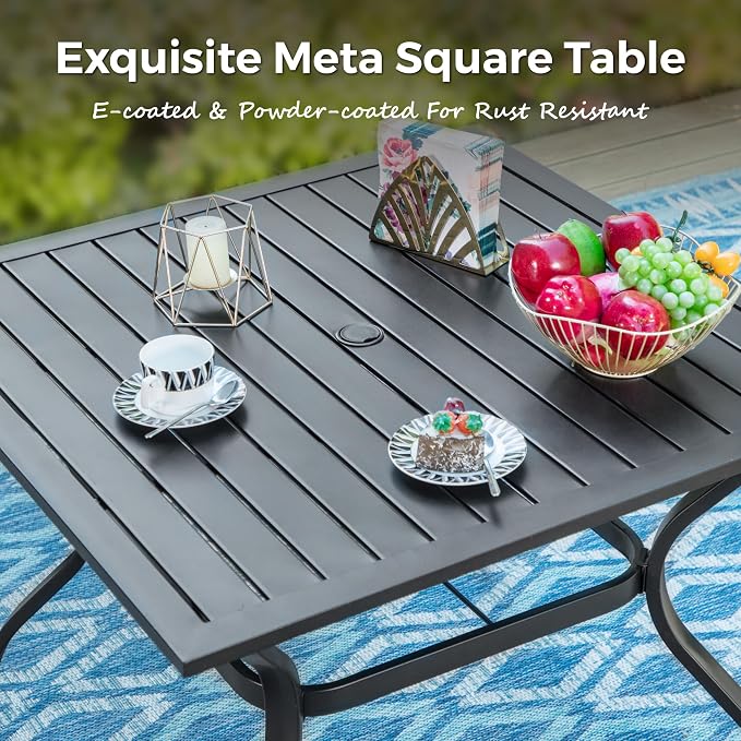 MIXPATIO 5 Piece Patio Metal Dining Set, Outdoor Table and Chairs for 4, Powder-Coating Steel Chairs with 4" Thickened Cushions, 37" Square Metal Table with 1.57" Umbrella Hole for Deck, Backyard