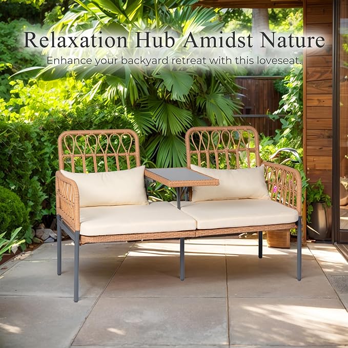 PROHIKER ROHIKER Outdoor Patio Loveseat Rattan Loveseat 2-Seat Furniture with Built-in Table, Lumbar Pillows and Cushions, All-Weather Small Patio Couch for Balcony, Lawn, Backyard