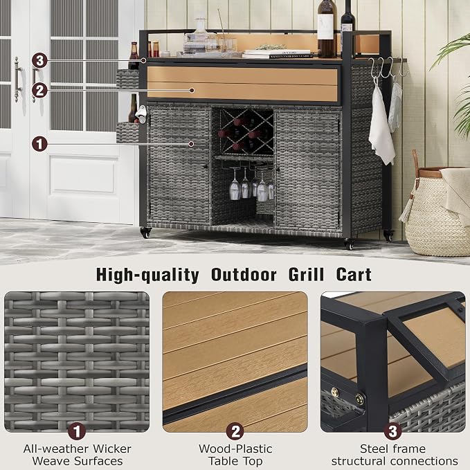 Merax Outdoor Bar Table & Storage Cabinet, Wheels and Drop Leaf Table Top, Patio Bar Table with Raised Shelf for Patio Kitchen or Bar Cart, Grey