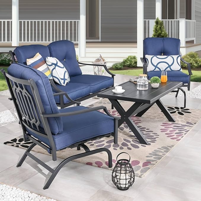 Patio Conversation Set 4 Pieces Metal Outdoor Furniture Sets Outside Loveseat with Rocking Chairs Coffee Table Thick Cushions (Blue)