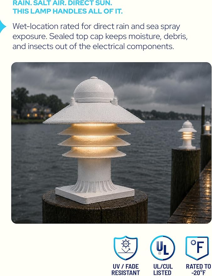 Nautical Pier Mount Outdoor Lighting - Salt-Air Tough Rust-Proof Non-Metallic Coastal Lamps - UL Listed Dock Lights - Patio Fence Deck Porch Lights Outdoor - USA Made, Short, Decorated, White | Anti-Rust Outdoor Coastal Fixture for Pathways & Walkways,...