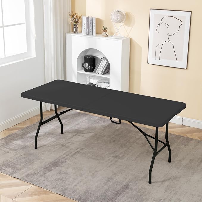 BTEXPERT Set of 10, Fold-in-Half Folding Utility Table 6 Feet 72" x 29.5" Lightweight Portable Carrying Handle Indoor Outdoor Picnic Camping Office Home Party Wedding Event Black
