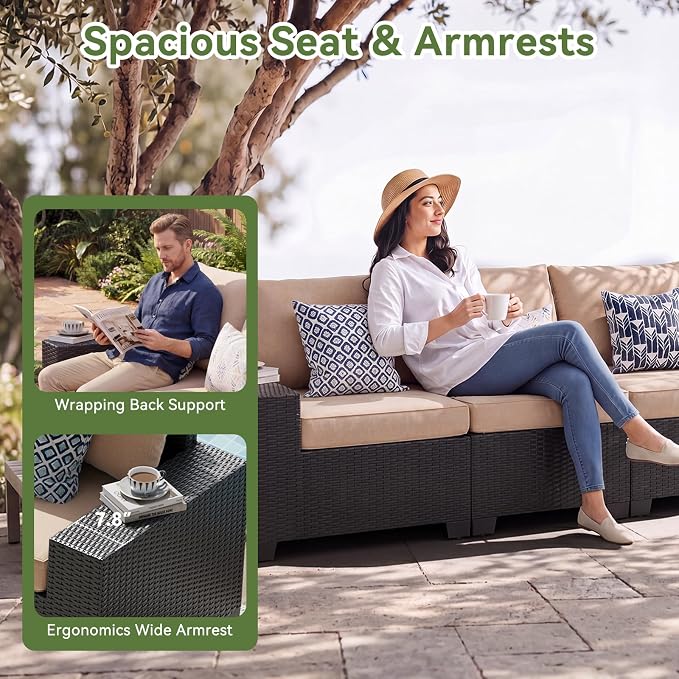 LazySunsets 9 PCS Patio Furniture Set, Outdoor Sectional All-Weather Wicker Conversation Set with Swivel Rocker Chairs, 4'' Thick Cushions for Backyard Poolside(Cream/Black)