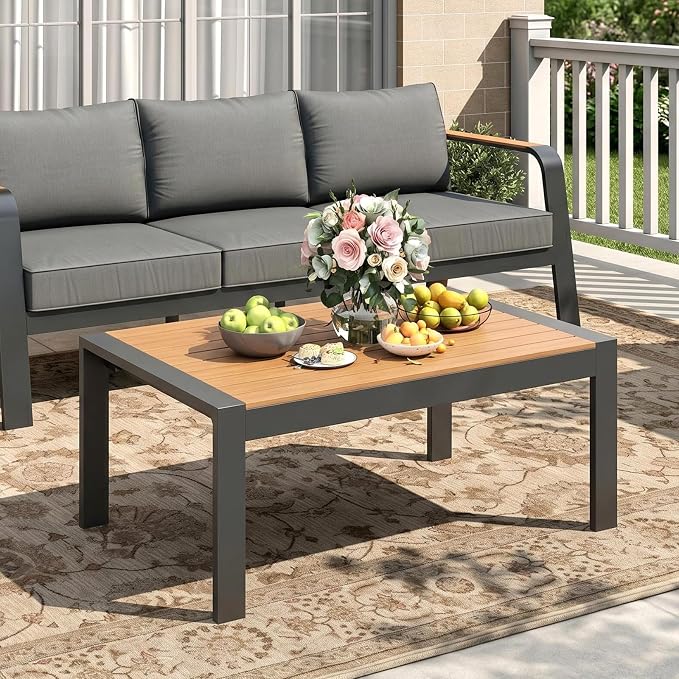 Garvee Outdoor Coffee Table, All-Weather Aluminum Patio Table, Rectangle Outdoor Coffee Tables for Outside, Realistic Wood-Look Tabletop Furniture for Patio, Deck, Backyard, Garden, Poolside