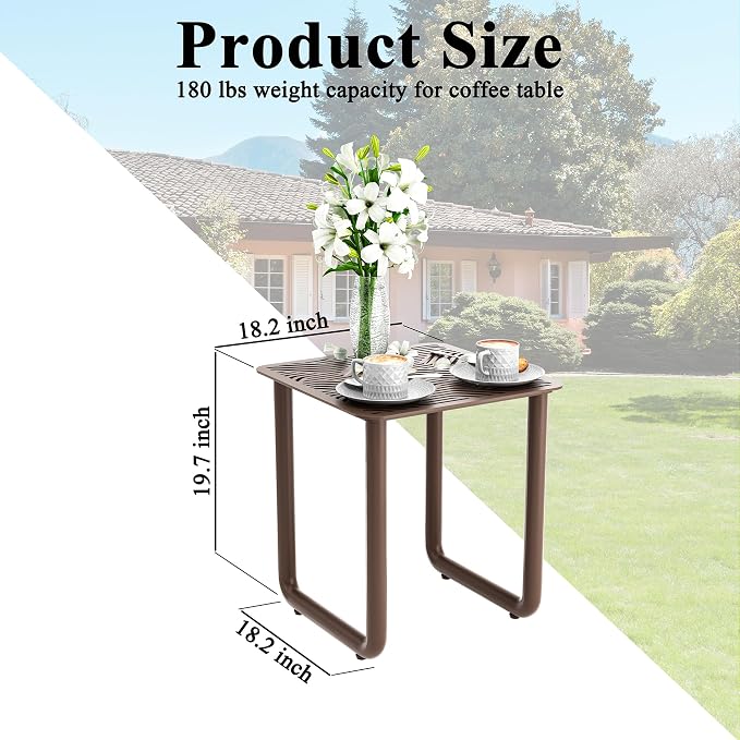 18" Aluminum Outdoor Coffee Table with U-Shaped Legs, Square Patio End Table with Wave Pattern Slatted Top, Rust-Resistant Modern Side Table for Balcony and Poolside, Brown