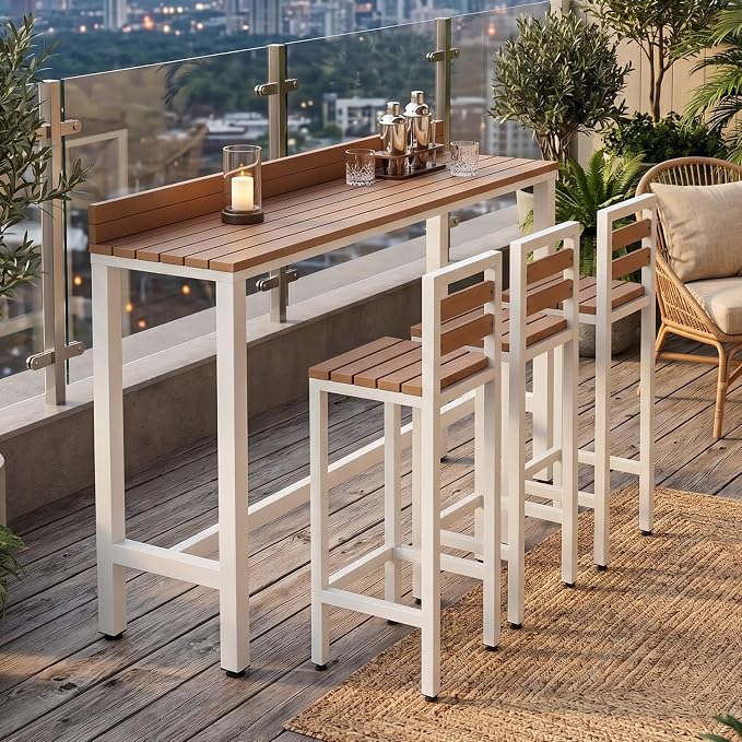 Outdoor Patio Bar Height Table with Baffle, Weather Resistant High Counter Table Porch Pub Tables Wood-Plastic Tabletop, for Poolside Garden Balcony Restaurant Cafe(White,55.1"x15.7"x40.5")