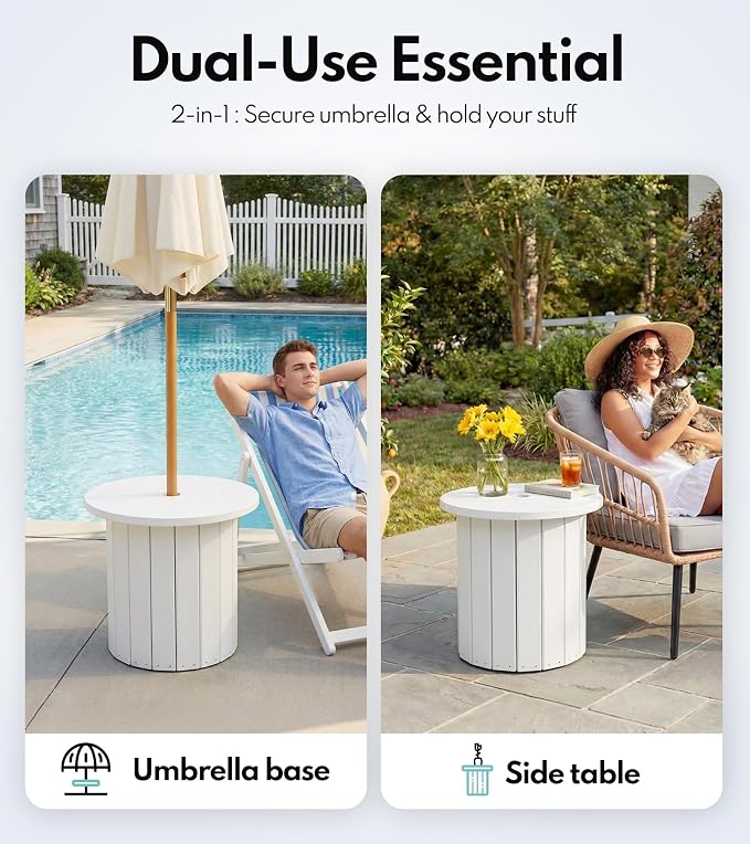 PASAMIC 2-in-1 Patio Table Umbrella & Outdoor Side Table, Large Round Small Outdoor Table with Umbrella Hole, Fits 1.5-1.9in Pole, 5Gal Water Bag Base, HDPE for Poolside, Deck, Garden Use, White