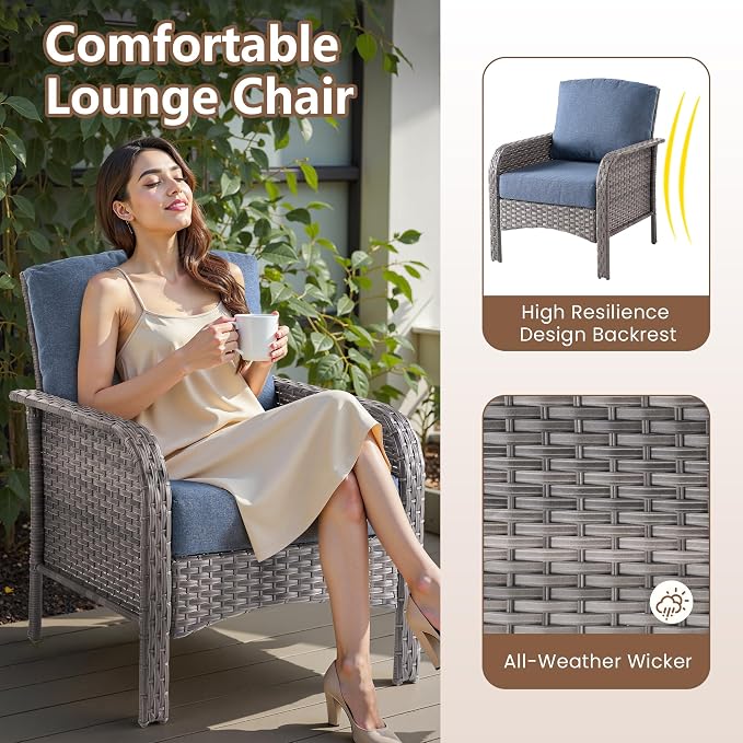 6 PCS Outdoor Patio Furniture Set with Glass Table, All-Weather Rattan Wicker Outdoor Conversation Set with Thickened Cushions for Balcony Backyard Garden Lawn,Blue