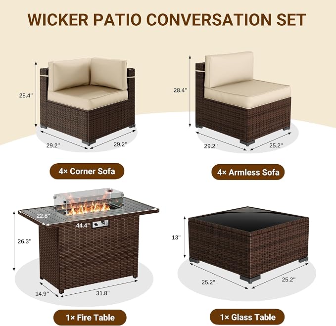 Patio Furniture Set with 44'' Propane Gas Firepit Table, 10 PCS Modular Outdoor Sectional Conversation Sets, All-Weather Wicker Patio Set for Backyard, Beige (Waterproof Covers Included)
