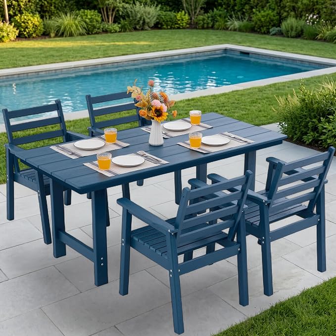 5-Piece Outdoor Dining Set, All-Weather HDPE Patio Furniture, 66.5" Slatted Table with 1.6" Umbrella Hole & 4 Ergonomic Armchairs, Heavy Duty 350lbs Capacity, UV Resistant, Blue