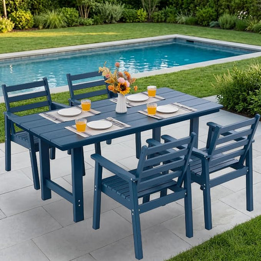 5-Piece Outdoor Dining Set, All-Weather HDPE Patio Furniture, 66.5" Slatted Table with 1.6" Umbrella Hole & 4 Ergonomic Armchairs, Heavy Duty 350lbs Capacity, UV Resistant, Blue