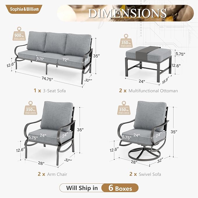 Sophia & William Patio Furniture Sets for 7 Outdoor Conversation Set 7 Pcs with 2 x Swivel Chairs, 2 x Armrest Sofa, 1 x 3-Seat Cushion Chairs, 2 x Ottomans for Coffee Garden Backyard Poolside Grey