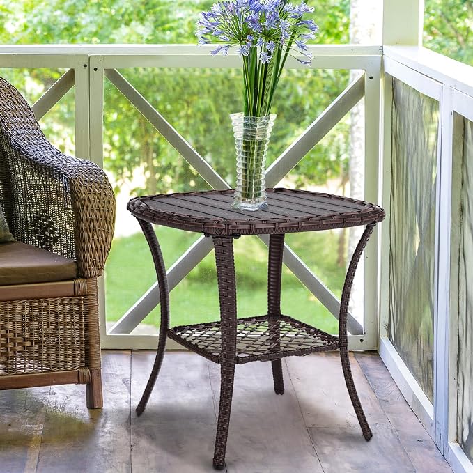 Outdoor Patio Side Table Set of 2 Small Brown Wicker Rattan End Table for Outside Storage Coffee Table with Poly Lumber Table Top for Garden Lawn Pool Porch Deck