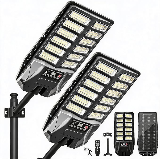 NIUBA Solar Lights Outdoor, IP67 Waterproof Street Lights Outdoor, Dusk to Dawn Solar Security Flood Lights Motion Sensor with Remote Parking Lot Light,Commercial Area Lighting for Outside (2-Pack)
