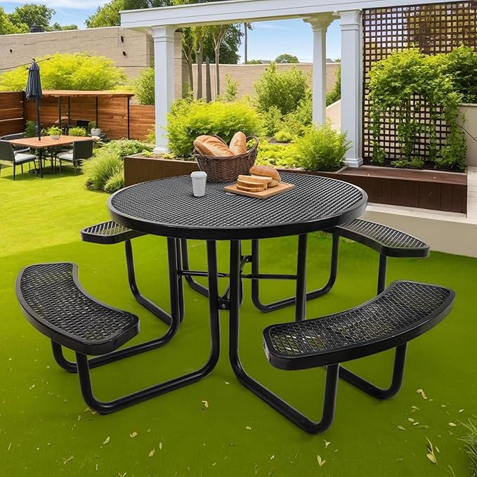 46IN Round Outdoor Picnic Table with Attached Seats, Heavy-Duty Metal Expanded Mesh Patio Table, 1600LBS Load Capacity Commercial-Grade Table for Park, Backyard, Deck, Black