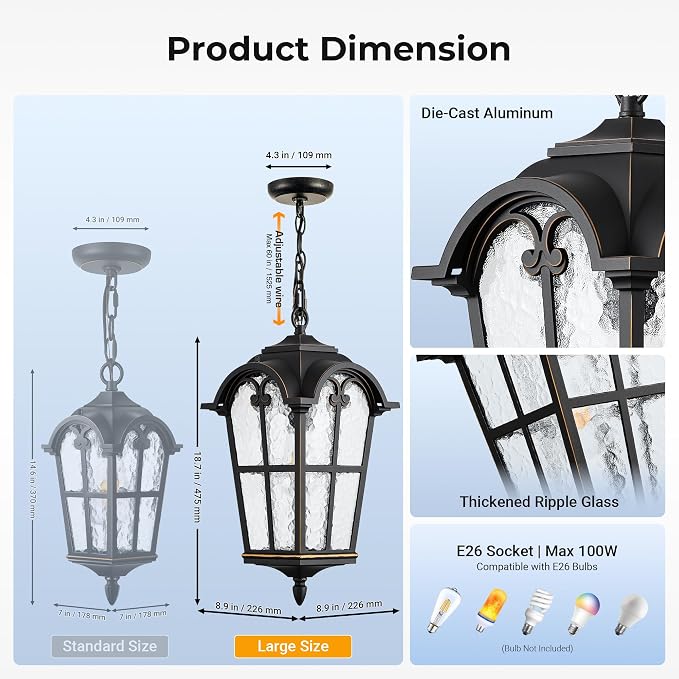 VIANIS Black Large Outdoor Pendant Light, Vintage Outdoor Chandelier with Gold Trim, Outside Hanging Light for Porch, Doorway, Entryway, 100% Aluminum, Anti-Rust Adjustable Length Chandelier