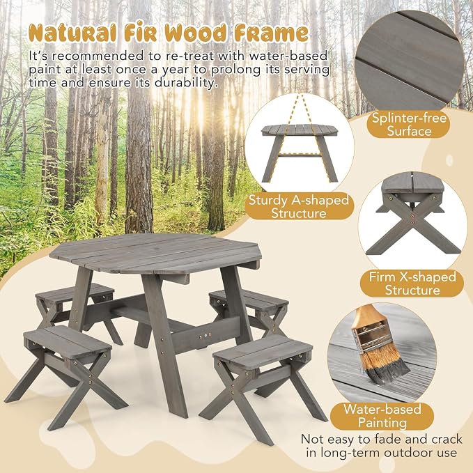 HONEY JOY Kids Picnic Table, Fir Wood Octagon Table & 4 Stool Set, Stripe Fabric Umbrella, Toddler Picnic Table for Outdoors, Children Backyard Furniture for Patio Garden(Gray)