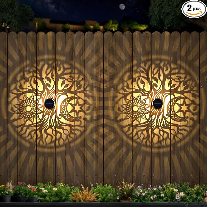 2 Pack Large Solar Fence Lights Metal Solar Powered Outdoor Wall Deck Step Lights Tree Theme Waterproof Fence Light for Garden Post Patio Backyard Yard Decor, Gardening Gifts for Women Mom Grandma