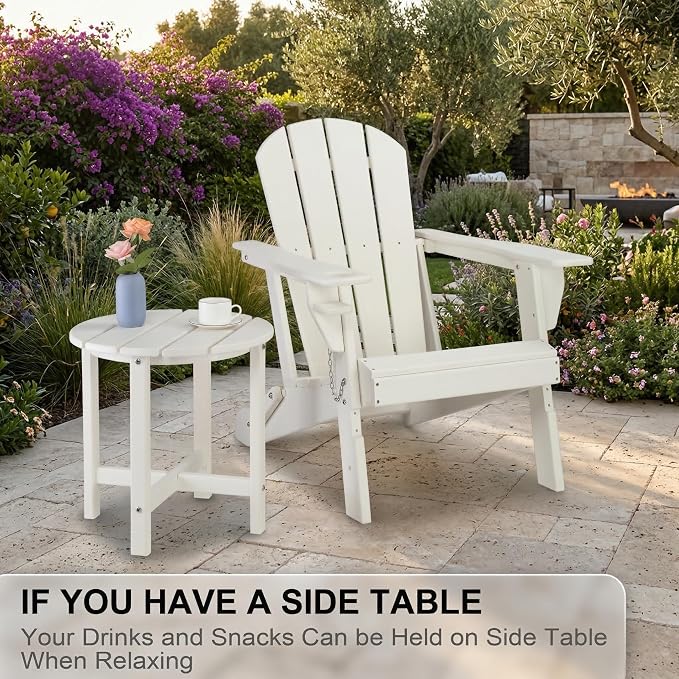 18 Inch Round HDPE Side Table, All-Weather Outdoor End Table for Adirondack Chairs, Waterproof and UV Resistant Plastic Patio Side Table for Garden, Backyard, Poolside, White