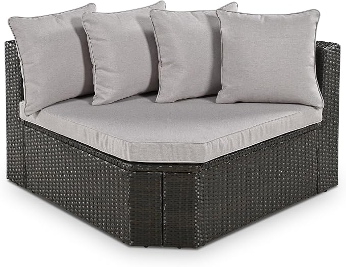 Merax 7-Piece Outdoor Wicker Sectional Sofa Set,Modular Rattan Conversation Set with Gray Cushions,Striped Green Pillows & Tempered Glass Coffee Table for Patio,Garden,Deck,Brown
