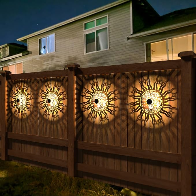 gardencave 2 Pack Solar Fence Lights Metal Solar Powered Outdoor Wall Deck Lights Sun Moon Theme Waterproof Fence Light for Garden Post Patio Backyard Yard Decor (Face, 2 Pack)