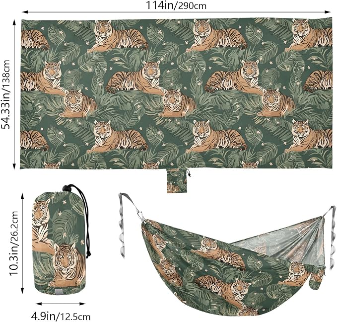 Camping Hammock Outdoor Hammocks for Outside Tiger Palm Leaf Green Beach Trees Portable Lightweight with Pockets Tree Straps Indoor