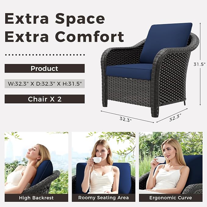 Patio PE Rattan Chairs Set of 2, All-Weather & Steel Frame Outdoor Conversation Furniture Set with Washable Cushions for Garden, Bistro, Deck, Yard (Navy Blue)