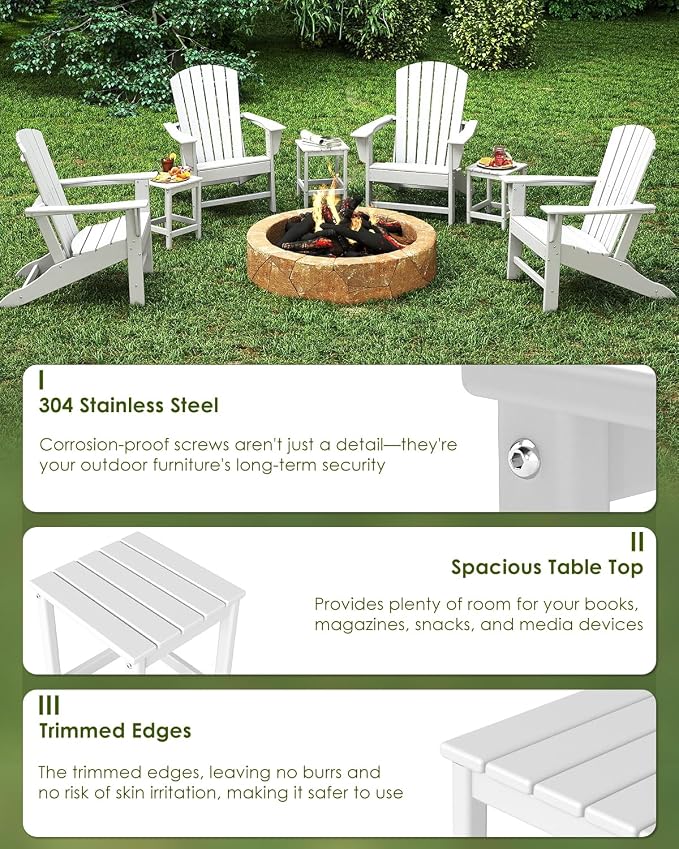 GREENVINES Adirondack-Outdoor-Side-Table | Set of 2 | Single-Tier | 14 x 13 Inches | HDPE Plastic | All Weather | White | Outside End Tables | for Patio Porch Backyard Indoor