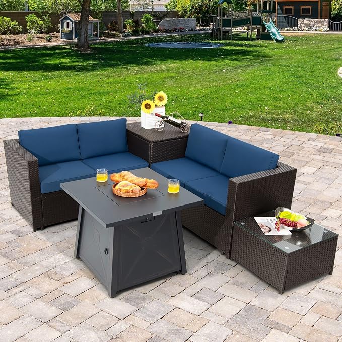 Tangkula 5 Piece Patio Furniture Set with 50,000 BTU Propane Fire Pit Table, Outdoor Wicker Conversation Set w/Cushions, Storage Box and Tempered Glass Coffee Table, 30" Gas Fire Pit Table (Navy)