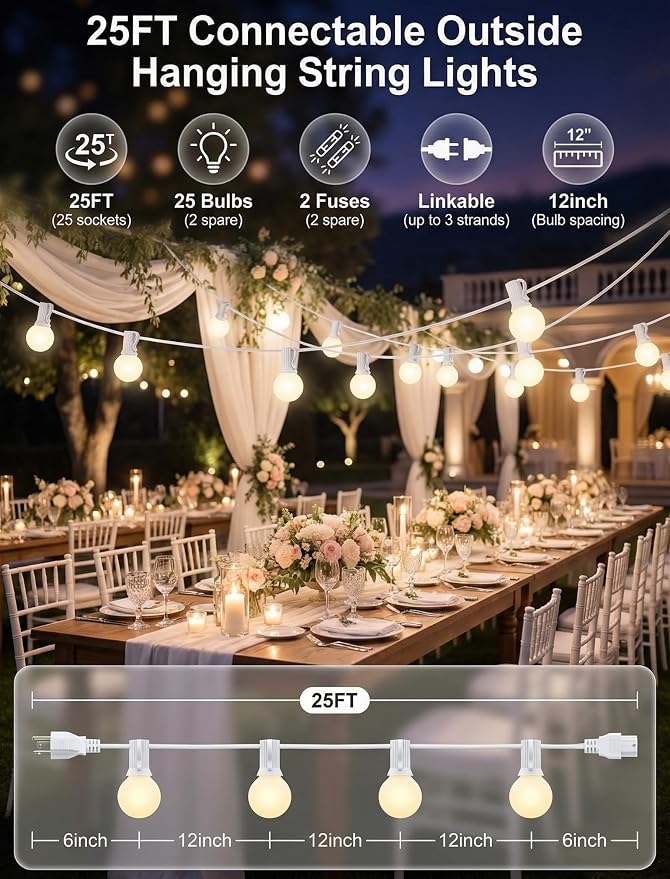 25FT Outdoor Frosted String Lights, 25 G40 Bulbs, White Wire | 5W Glass Incandescent Bulbs, IP44 Weatherproof, E12 Bases, 2 Spares, End-To-End Connectable, for Weddings and Parties
