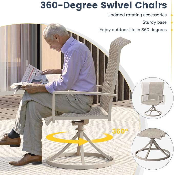 VICLLAX Patio Dining Set for 6, 6 Seats Outdoor Furniture Includes 50.1" Round Patio Table and Swivel Padded Chairs, Grey Wood Grain Tabletop and Sandshell Fabric